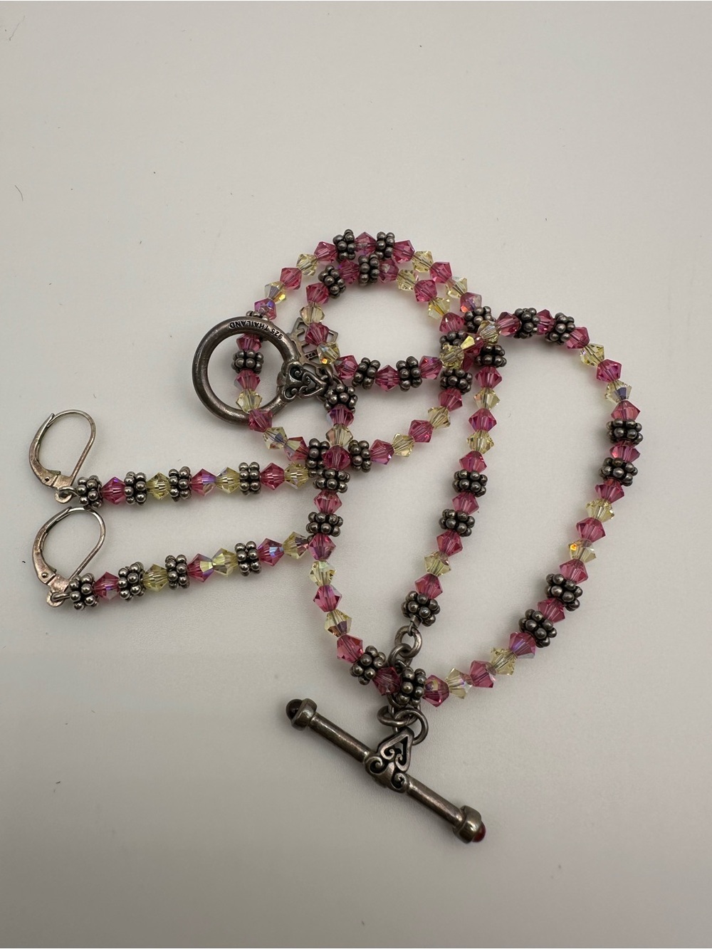 925 Thailand Sterling Silver Pink Beaded Necklace and Earrings Set Approx 15” - Picture 1 of 7